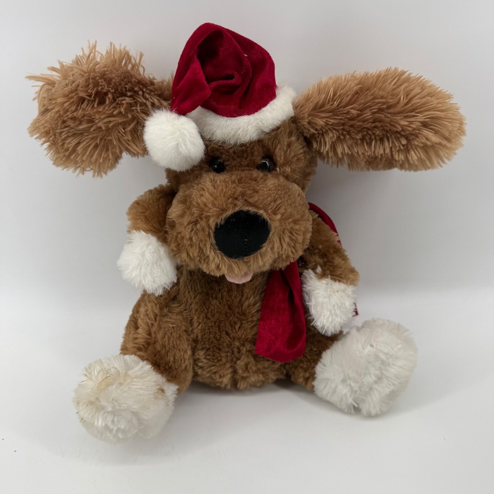 Dan Dee Plush Christmas Brown Dog Red Hat‎ Scarf Sings Holiday Stuffed Animal
